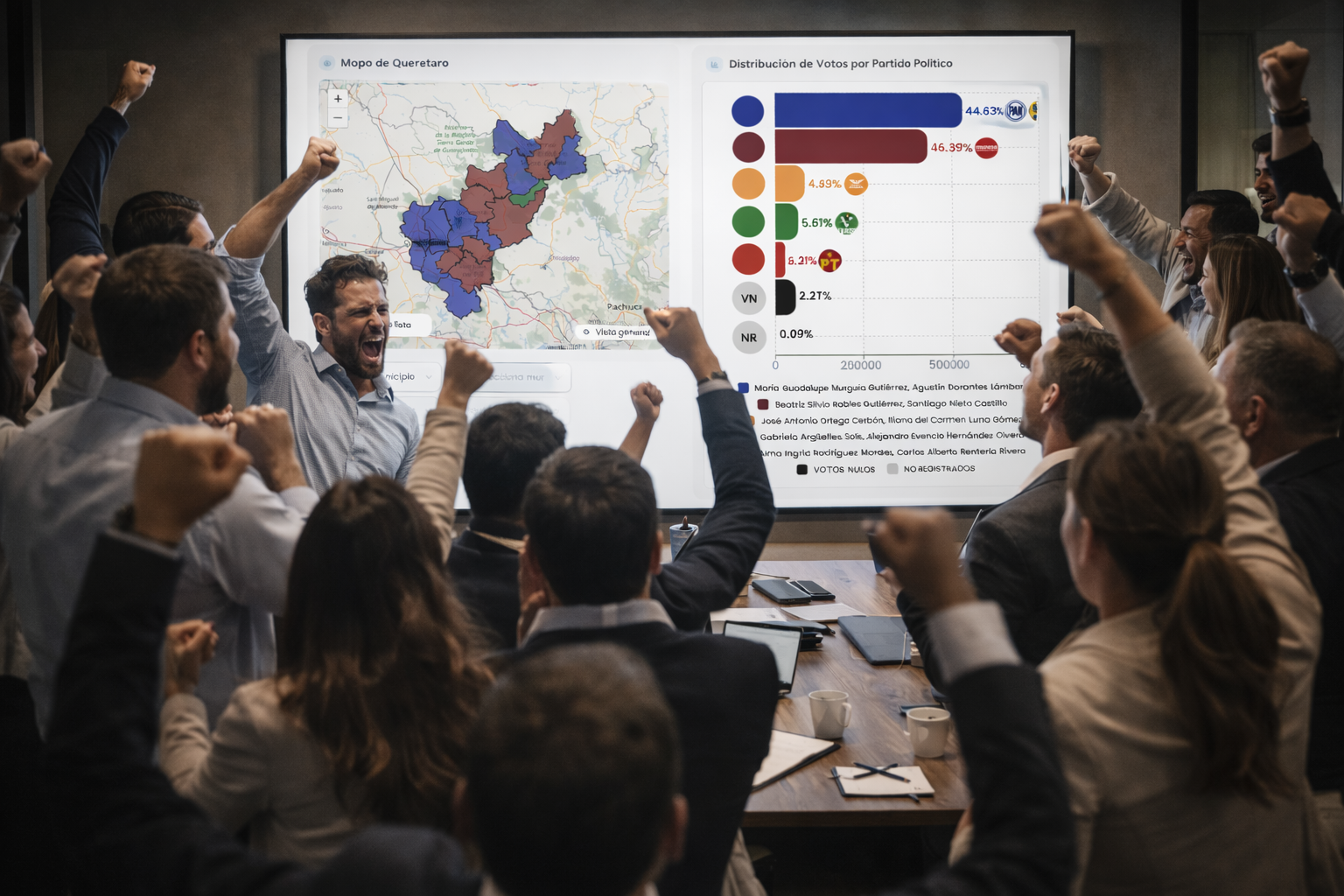 Consultor presentando una plataforma de análisis electoral a un cliente