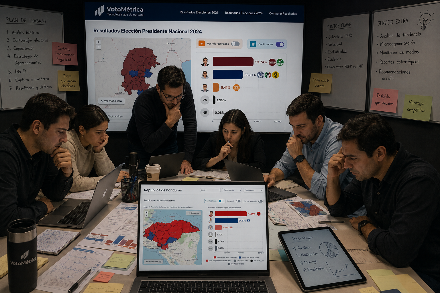 Equipo de consultoría política revisando datos electorales en un war room