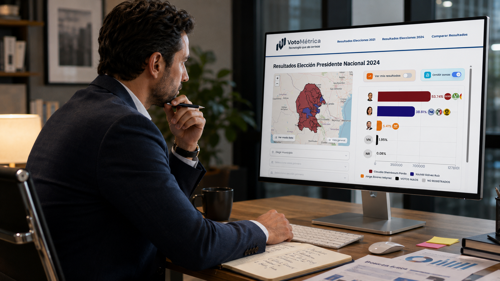 Consultor político monitoreando resultados electorales en tiempo real